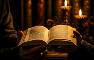 A hand holds a book in a dimly lit room, illuminated by a lamp. AI Generative photo