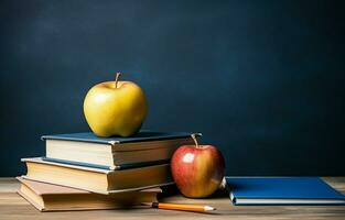 el concepto de del maestro día. en el mesa son plumas, un manzana, lápices, libros, y lentes. Copiar espacio, espalda a escuela. ai generativo foto