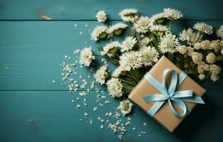 parte superior ver de un cartulina regalo caja con flores y un saludo tarjeta con el inscripción en un de madera mesa. rosado flores y un presente en un lujo color antecedentes. Copiar espacio. ai generativo foto