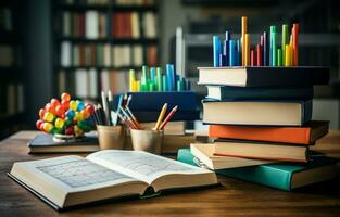 Books on the table against a backdrop of chalkboard graphs and charts depicting growth and fall. School of business education. AI Generative photo