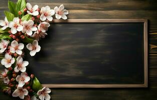 Holiday greeting icon for Teacher's Day. The concept of education knowledg. AI Generativee day. A wooden chalk board frame and a flower bouquet sit on a table with an empty copy area. photo