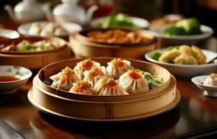 Eating steaming Dim Sum while enjoying a range of classic Chinese cuisine. AI Generative photo