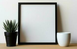 Create a mockup of a black square frame with home decor and potted plants. The shelf and the wall are both white. Copy space. AI Generative photo