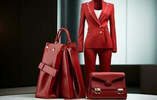 Modern woman's attire consisting of a red jacket, trousers, and a white geometric bag. AI Generative photo