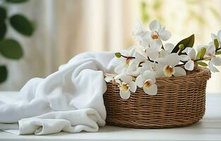 Wicker basket with white linen, washing gel, and fabric softener on a white table with orchid flowers. Mockup laundry day header with copy space. AI Generative photo