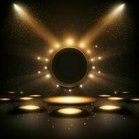 Golden spotlights illuminate a dark stage floor, perfect for a backdrop or mock-up for a star performer at a gala or nightclub. AI Generative photo