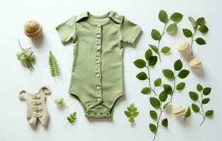 Baby fashion products in a flat lay composition. Children's clothes, shoes, toy, and pacifier isolated on a white background with text space. Toddler eco-friendly accessories. AI Generative photo