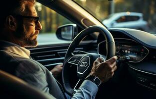 hombre conducción un lujo vehículo describiendo el inicio-parada, y seleccionando el clima controlar en un eléctrico vehículo. hombre controlador el aire acondicionamiento temperatura en un automóvil. ai generativo foto