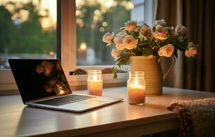 Home office desk made of wood with an alarm clock, a flower vase, a laptop, and books. AI Generative photo