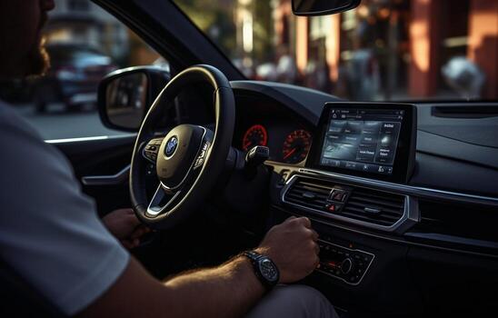Man driving a luxury vehicle describing the start-stop, and selecting the climate control in an electric vehicle. Man controlling the air conditioning temperature in an automobile. AI Generative photo