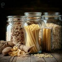 An assortment of uncooked grains, cereals, and pasta are arranged in glass jars on a wooden table, promoting healthy cooking and clean eating while reducing waste. AI Generative photo