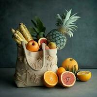 Respetuoso del medio ambiente reutilizable compras bolso con Fresco orgánico tropical Fruta en un gris pared antecedentes. promoviendo un cero desperdicio estilo de vida con crudo sano comida y un vegetariano dieta. ai generativo foto