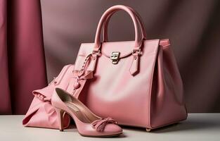 Clothes for a modern lady ensemble with pink color jacket, bag, jeans, jewelry, and shoes, closeup. AI Generative photo