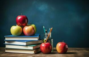 el concepto de del maestro día. en el mesa son plumas, un manzana, lápices, libros, y lentes. Copiar espacio, espalda a escuela. ai generativo foto