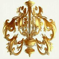 A chandelier with a golden hue, set against a white background with no other objects present. AI Generative photo