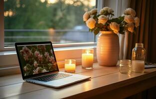 Home office desk made of wood with an alarm clock, a flower vase, a laptop, and books. AI Generative photo