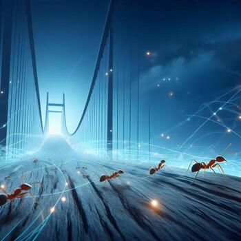 luminoso hormiga arquitecturas, un visionario reino dónde minúsculo ingenieros iluminar puentes de ligero. ai generado foto