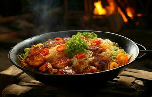 Noodles with steam and smoke in a bowl. Asian meal on a table. AI Generative photo