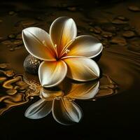 Single frangipani in scented water with gold color background. AI Generative photo