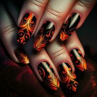 On a stunning black background, there is a sample of artificial beauty fingers showcasing fiery pattern nails. AI Generative photo