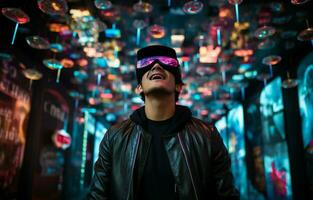 en un melancólico fondo, un joven hombre es vistiendo virtual realidad lentes. virtual realidad, teléfono inteligente usar, y noción de futuro tecnología. ai generativo foto