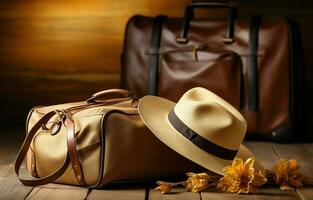 On a wooden background, a close-up of a bag with a passport and packed clothes. The concept of travel and vacation. AI Generative photo