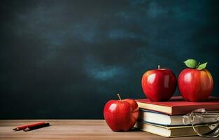 el concepto de del maestro día. en el mesa son plumas, un manzana, lápices, libros, y lentes. Copiar espacio, espalda a escuela. ai generativo foto