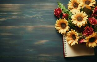 Holiday greeting icon for Teacher's Day. The concept of education knowledg. AI Generativee day. A wooden chalk board frame and a flower bouquet sit on a table with an empty copy area. photo