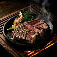 disfrutar el delicioso gusto de a la parrilla de carbón Kobe wagyu carne de res, rebanado y servido como yakiniku, un gastrónomo Estilo japones parilla plato. ai generativo foto