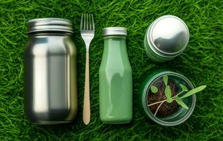 Glass jar, bottle, metal cup, straws for drinking, bamboo cutlery and lunch boxes on green grass, moss background. Top view. Sustainable lifestyle. Zero waste. AI Generative photo