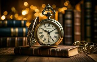 A chained ancient clock hangs against a background of old books. A retro clock represents time, just as a book represents knowledge. History, nostalgia, culture, old, and antique. AI Generative photo