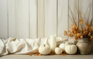 blanco calabazas, un suéter, un vela, y natural decoración crear un acogedor otoño esquina borde. aéreo perspectiva en un rústico blanco madera bandera antecedentes. ai generativo foto