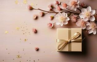 Top view of a cardboard gift box with flowers and a greeting card with the inscription on a wooden table. pink flowers and a present on a luxury color background. Copy space. AI Generative photo