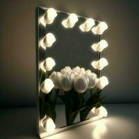 vendaje habitación, allí es un espejo iluminado con tulipán bombillas esta idea ayuda a salvar energía como ellos son energía eficiente eléctrico bombillas, cuales emitir brillante ligero y proporcionar un sentido. ai generativo foto