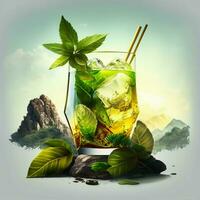 mojito, un tradicional alcohólico bebida, aislado en un bosque antecedentes bebida lengüeta restaurante verde planta hoja limón refrescante. ai generativo foto