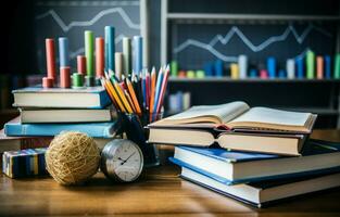 Books on the table against a backdrop of chalkboard graphs and charts depicting growth and fall. School of business education. AI Generative photo