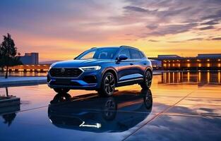 At dusk, a blue compact SUV with a sporty, contemporary appearance is parked on a concrete road by the water. ecologically sound technology. Concept of business success. AI Generative photo