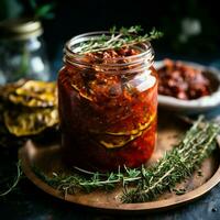 Sun Dried Tomato Preserving in a Glass Jar with Thyme and Garlic. AI Generative photo