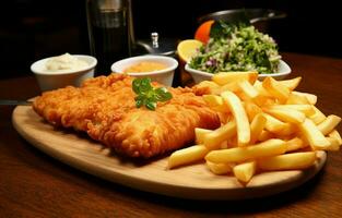 en un de madera mesa, un tradicional Inglés cena de pescado y papas fritas es presentado con francés papas fritas ai generativo foto