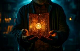 A hand holds a book in a dimly lit room, illuminated by a lamp. AI Generative photo