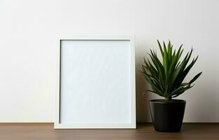 Create a mockup of a black square frame with home decor and potted plants. The shelf and the wall are both white. Copy space. AI Generative photo