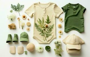 Composition of baby garments in flat lay. Eco-friendly natural fashion. Top shot of toddler style accessories isolated on white background. AI Generative photo
