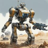 Ai generated content. Robot Warriors on the Frontline Futuristic Military Conflict photo