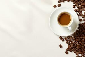 Cup of coffee on a white background, empty space for design, grains, surface, banner. Generative AI photo