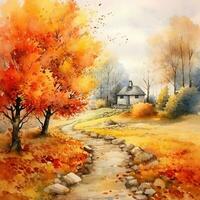 Watercolor autumn landscape, watercolor painting, leaf fall. Generative AI photo
