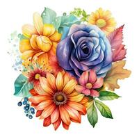 Watercolor flower bouquet, bright rainbow illustration on a white background. Generative AI photo