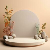 Empty podium made of pastel beige pink stone. Scene, stand with flowers. Generative AI photo