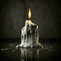 white wax candle burning dripping, flowing in black or dark light fire burn old building background. AI Generative photo