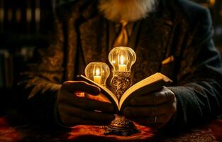 A hand holds a book in a dimly lit room, illuminated by a lamp. AI Generative photo