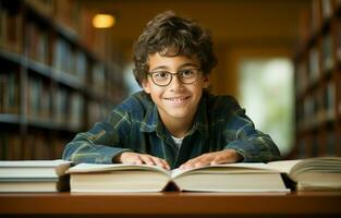 un Hispano chico vistiendo lentes soportes junto a un estante para libros mientras leyendo un libro para su clase asignación y examen preparativos en un Universidad biblioteca. bajo ángulo retrato. ai generativo foto